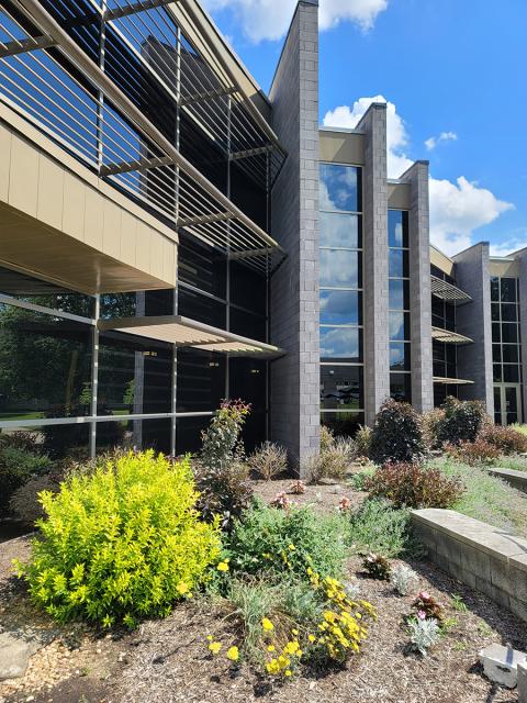 Clouds reflected in the windows of the John Gilbert Reese Center on a summer day.