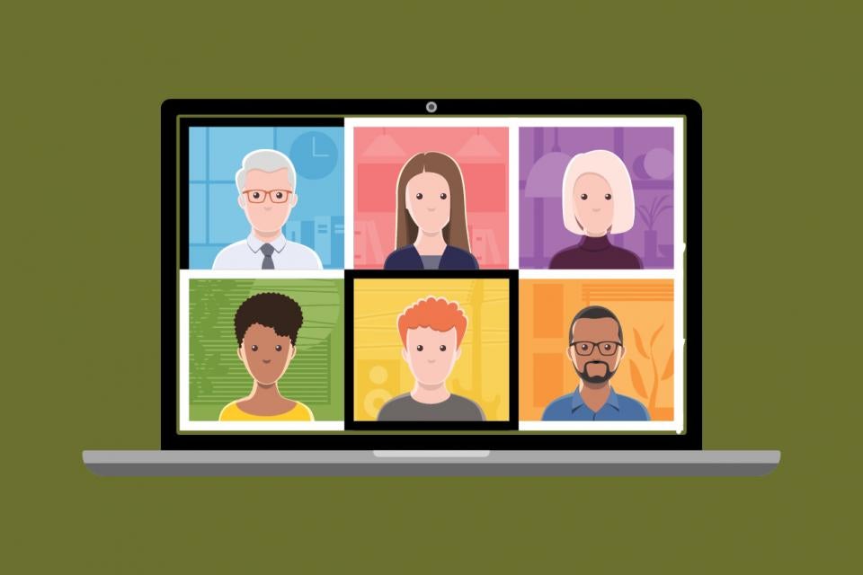 An illustration of a laptop computer with six people displayed as if in a video conference.