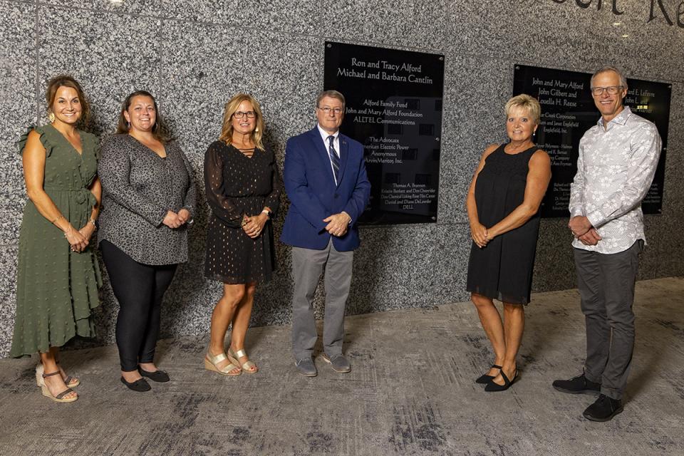 Carrie Lonzo, Atrina Good and Jennifer McDonald of the Licking County Chamber of Commerce; Brian Boehmer; Jan Tomlinson; and William L. MacDonald, PhD, at the Legacy and Leadership Dinner.